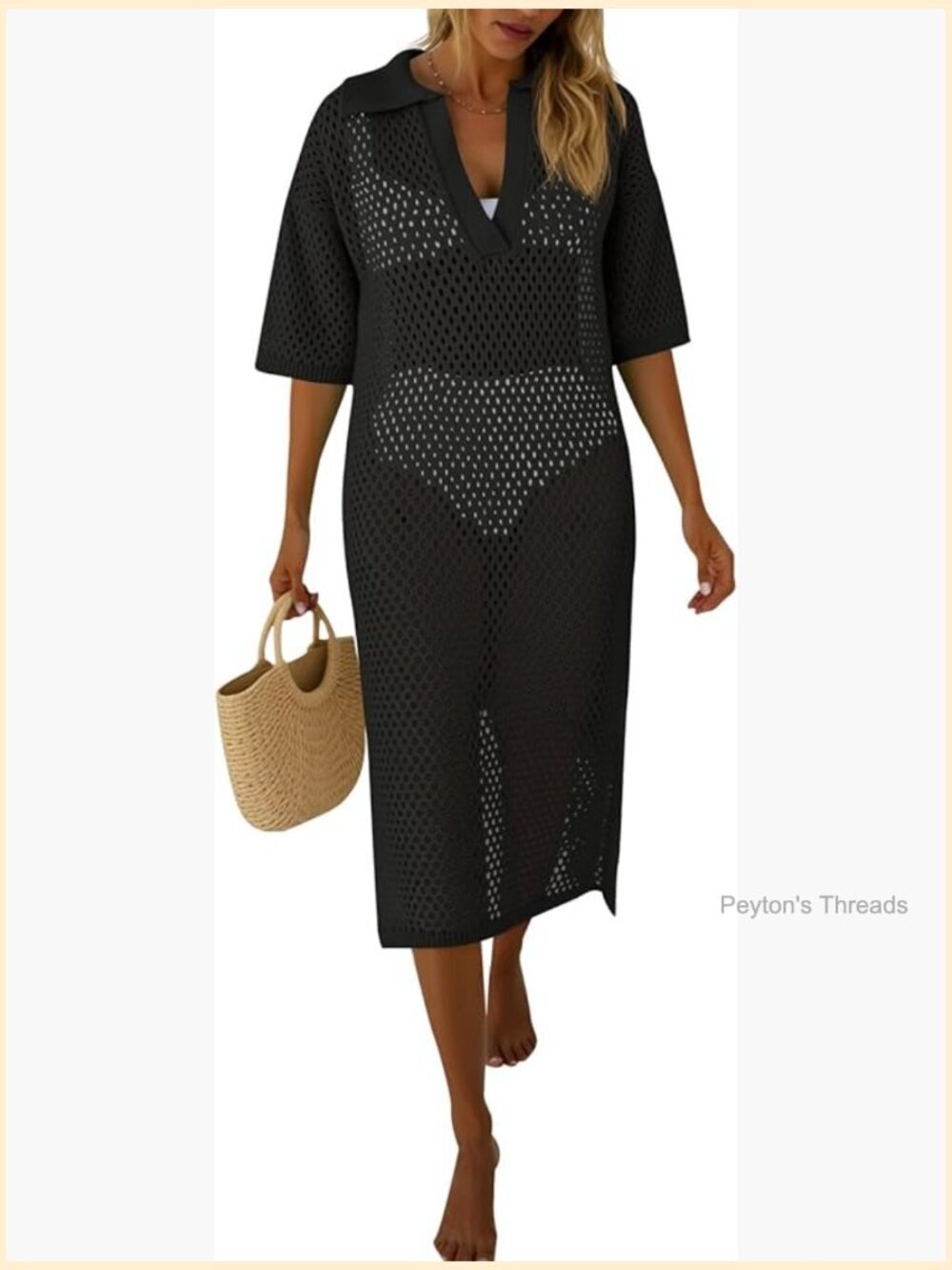 Crochet Hollow Out Short Sleeve V Neck Bikini Coverup Maxi Dress Beach Vacation